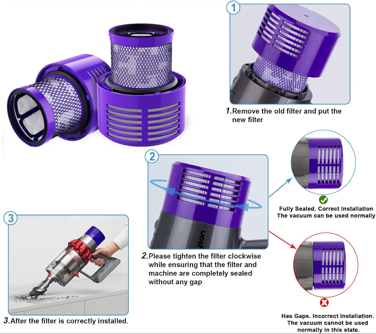 Step-by-step guide on how to install a Dyson V10 purple filter correctly with visual illustrations.