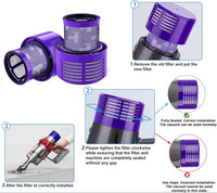 Step-by-step guide on how to install a Dyson V10 purple filter correctly with visual illustrations.