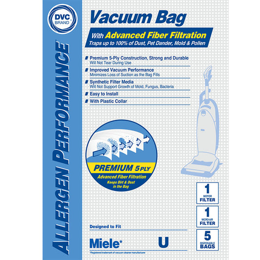 5 Miele Upright Style U Vacuum Bags + 2 Filters with Hygienic Self-closing Seal and Filters, Allervac, Upright Vacu