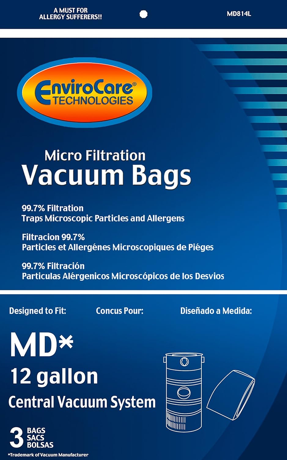3 MD Modern Day 12 gallon 721H Allergen Style Central Vacuum System Bag Hyperflow, Silent Master, Air Force, AirFlo