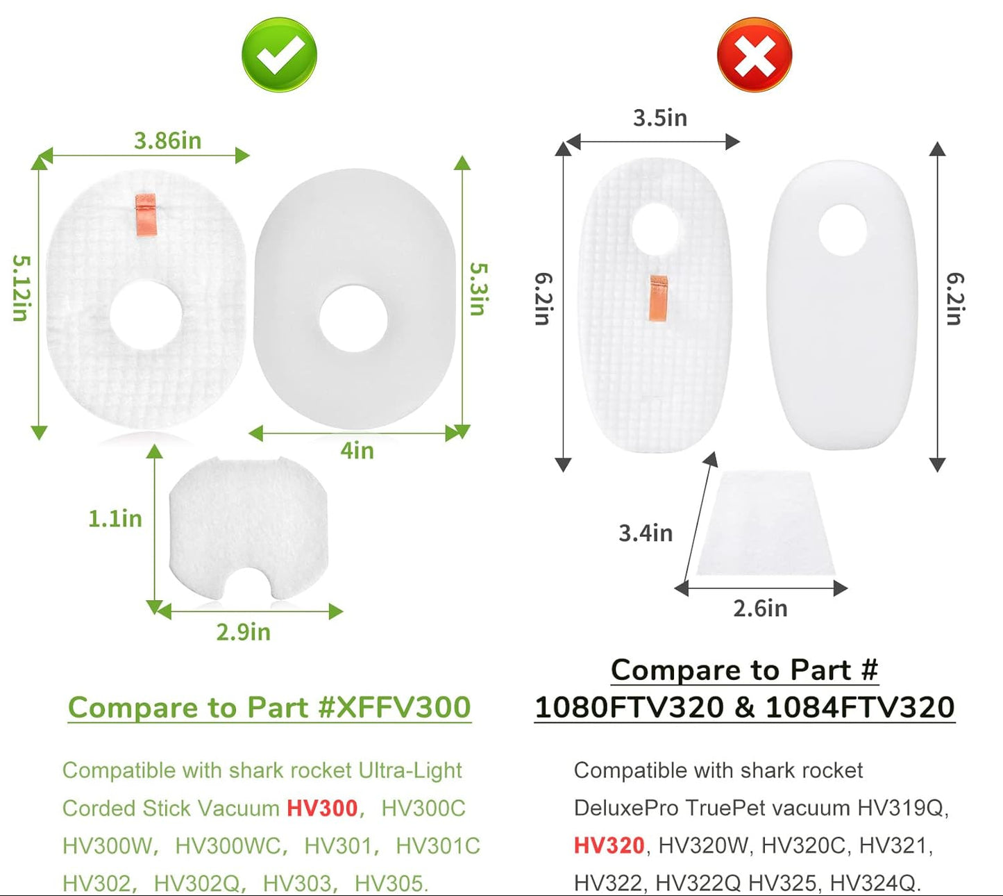 Shark Rocket 3pc Foam & Felt Filter COMBO Kit XFFV300 for HV292, HV300, HV300C, HV300W, HV300WC, HV301, HV301C, HV302, HV302Q, HV303, HV305, HV310, UV450, UV450CCO, UV450CCOFS etc, 655