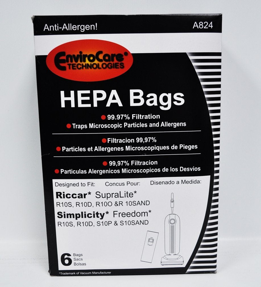 PAPER BAGS-RICCAR SUPRALITE,SIMPLICTY,6PK,ALLERGEN W/GREEN PLASTIC COLLAR,NEW STYLE,FREEDOM