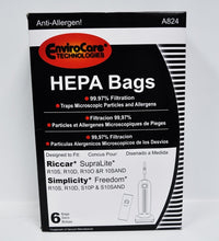 PAPER BAGS-RICCAR SUPRALITE,SIMPLICTY,6PK,ALLERGEN W/GREEN PLASTIC COLLAR,NEW STYLE,FREEDOM