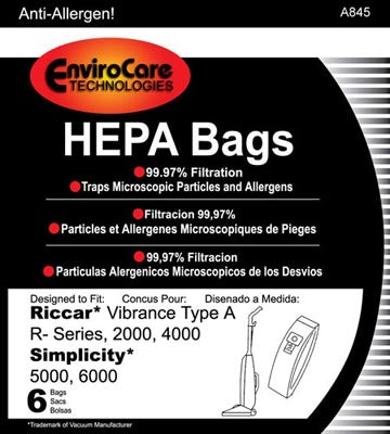 Riccar Type A Hepa Vacuum Bags for Vibrance, R, R20SC, 2000/4000 Series Uprights RAH-6