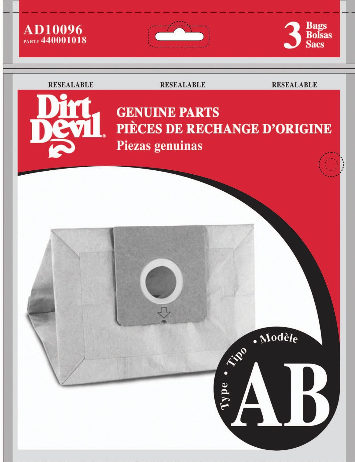 Dirt Devil Type AB Vacuum Canister Bags - AD10096 - 3 Pack - Genuine 