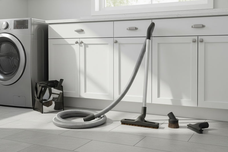 a basic central vacuum attachment kit: hose, floor brush, telescopic wand, upholstery tool, dusting brush, crevice tool, wall hose hanger and storage bag shown in a bright laundry room with tile floors and white cabinets
