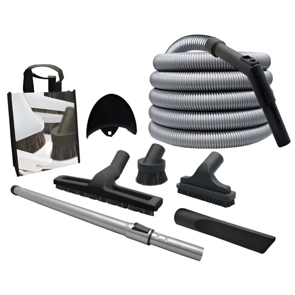 a basic central vacuum attachment kit: hose, floor brush, telescopic wand, upholstery tool, dusting brush, crevice tool, wall hose hanger and storage bag