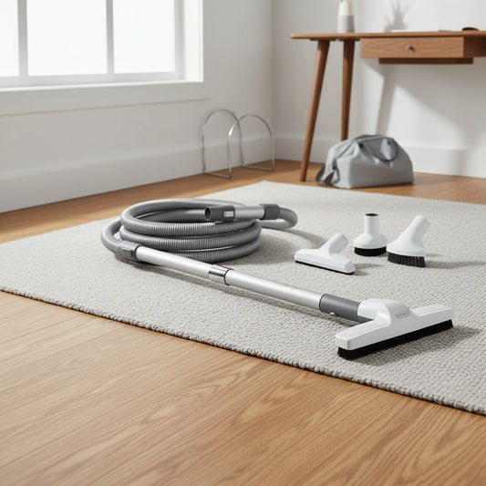 a central vacuum accessories and attachment kit: deluxe hose, hard floor brush, telescopic wand, upholstery tool, dusting brush, crevice tool, wall hose hanger and storage bag shown in a clean home office with a low-pile rug and oak flooring
