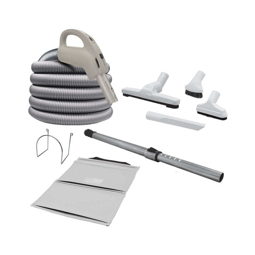 a central vacuum accessories and attachment kit: deluxe hose, hard floor brush, telescopic wand, upholstery tool, dusting brush, crevice tool, wall hose hanger and storage bag