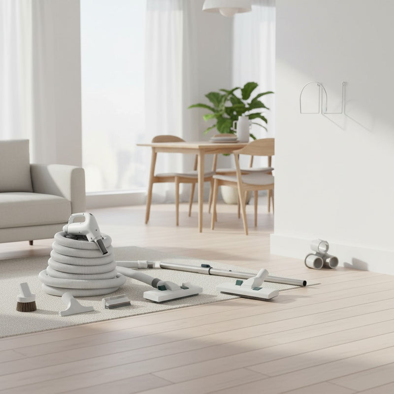 a central vacuum attachment kit for all surfaces: deluxe hose, floor and carpet brush, telescopic wand, upholstery tool, dusting brush, crevice tool, tool caddy and wall hose hanger shown in a bright open living and dining space with light wood floors