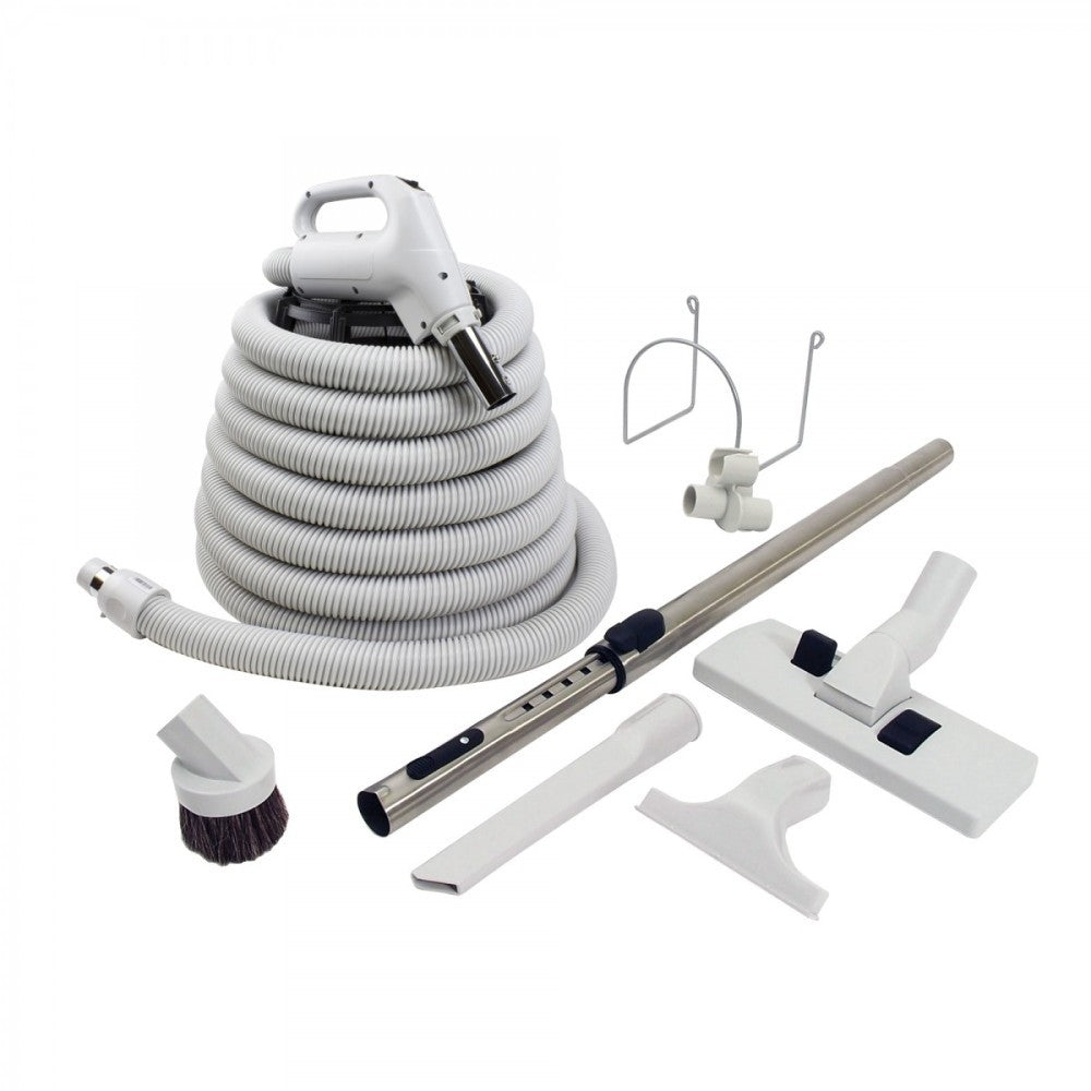 a central vacuum attachment kit for all surfaces: deluxe hose, floor and carpet brush, telescopic wand, upholstery tool, dusting brush, crevice tool, tool caddy and wall hose hanger