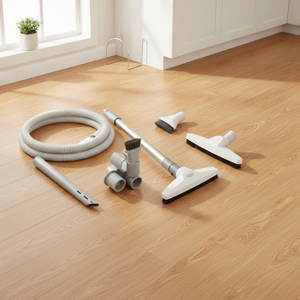 a central vacuum attachment kit for bare floors: deluxe hose, hard floor brush, telescopic wand, upholstery tool, dusting brush, crevice tool, tool caddy and wall hose hanger shown in a sunlit kitchen with wide-plank wood floors and a window