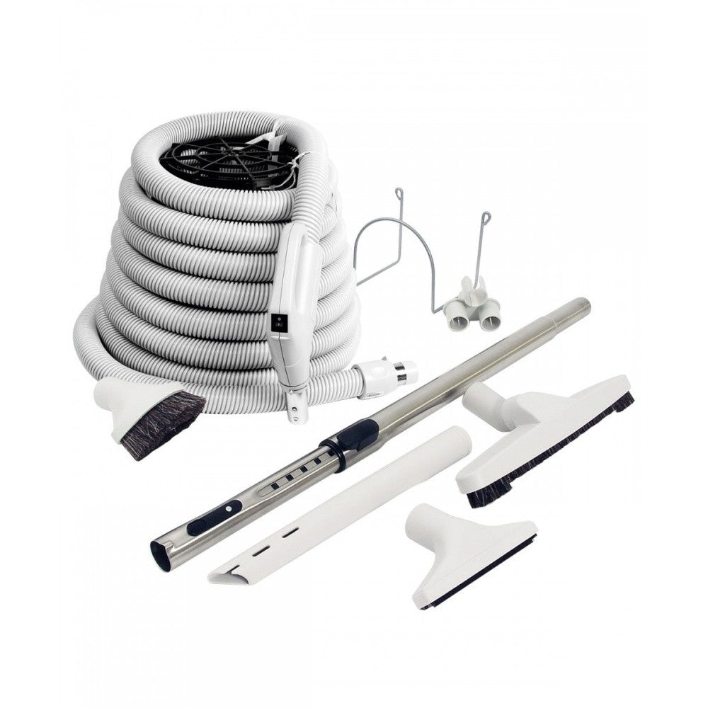 a central vacuum attachment kit for bare floors: deluxe hose, hard floor brush, telescopic wand, upholstery tool, dusting brush, crevice tool, tool caddy and wall hose hanger