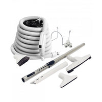 a central vacuum attachment kit for bare floors: deluxe hose, hard floor brush, telescopic wand, upholstery tool, dusting brush, crevice tool, tool caddy and wall hose hanger