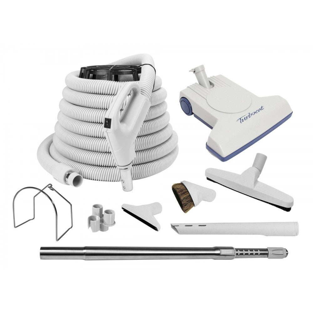 Central vacuum attachment kit with Plastiflex deluxe hose, TurboCat TP210 power nozzle, wand and floor tools