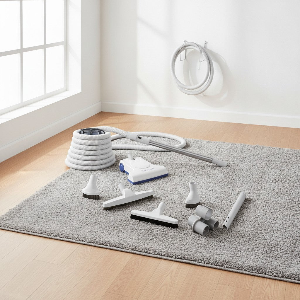 the TurboCat TP210 central vacuum attachment kit: air-driven power nozzle, coiled hose, telescopic wand, floor brush, dusting brush, upholstery tool, crevice tool, tool caddy and wall hose hanger shown in a bright modern living room with light oak floors and a soft gray area rug
