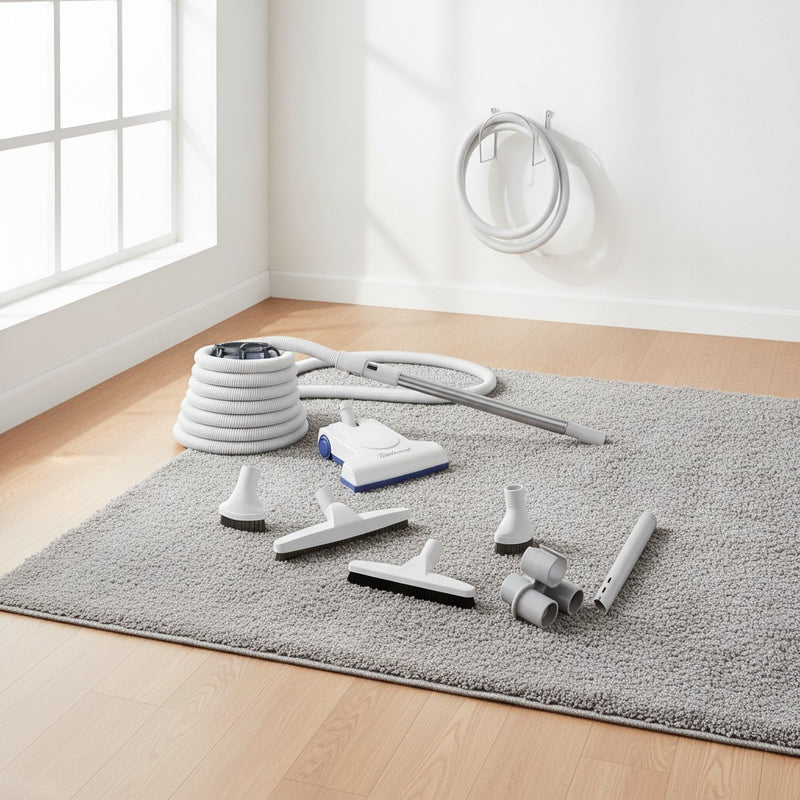 the TurboCat TP210 central vacuum attachment kit: air-driven power nozzle, coiled hose, telescopic wand, floor brush, dusting brush, upholstery tool, crevice tool, tool caddy and wall hose hanger shown in a bright modern living room with light oak floors and a soft gray area rug