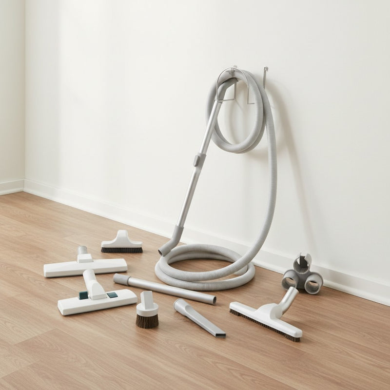 a basic central vacuum attachment kit: 30 foot hose with a metal handle, floor brushes, telescopic wand, upholstery tool, dusting brush, crevice tool, tool caddy and wall hose hanger shown in a simple hallway with laminate floors and white walls