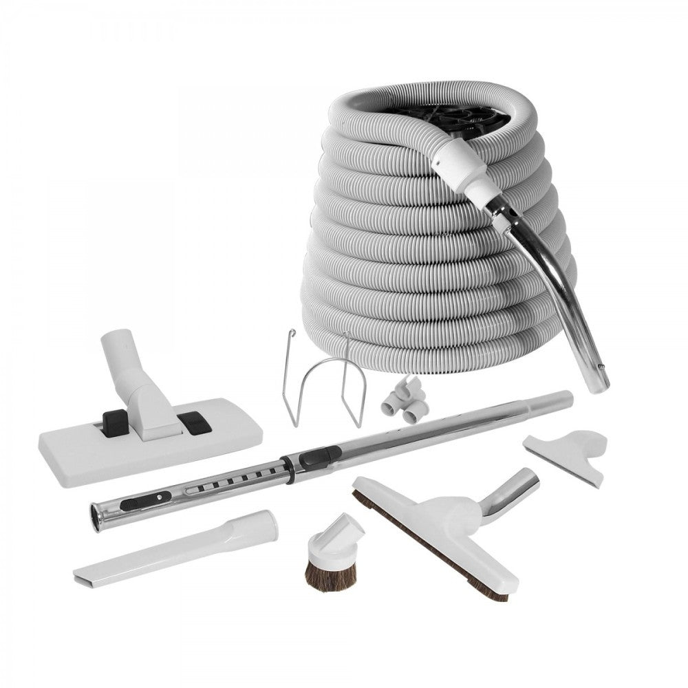 a basic central vacuum attachment kit: 30 foot hose with a metal handle, floor brushes, telescopic wand, upholstery tool, dusting brush, crevice tool, tool caddy and wall hose hanger