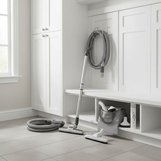 a central vacuum hose cover and attachment kit: deluxe hose with a grey hose cover, floor brush, telescopic wand, upholstery tool, dusting brush, crevice tool, wall hose hanger and storage bag shown in a tidy mudroom with tile floors and white cabinetry