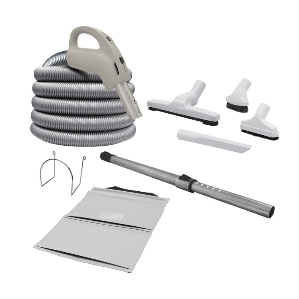 a central vacuum hose cover and attachment kit: deluxe hose with a grey hose cover, floor brush, telescopic wand, upholstery tool, dusting brush, crevice tool, wall hose hanger and storage bag