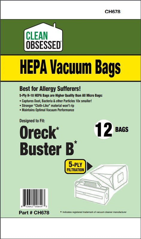 H-10 HEPA Bags Compatible with Oreck BB Part # PKBB12DW & PKBB12OF (12 Pack of Bags)