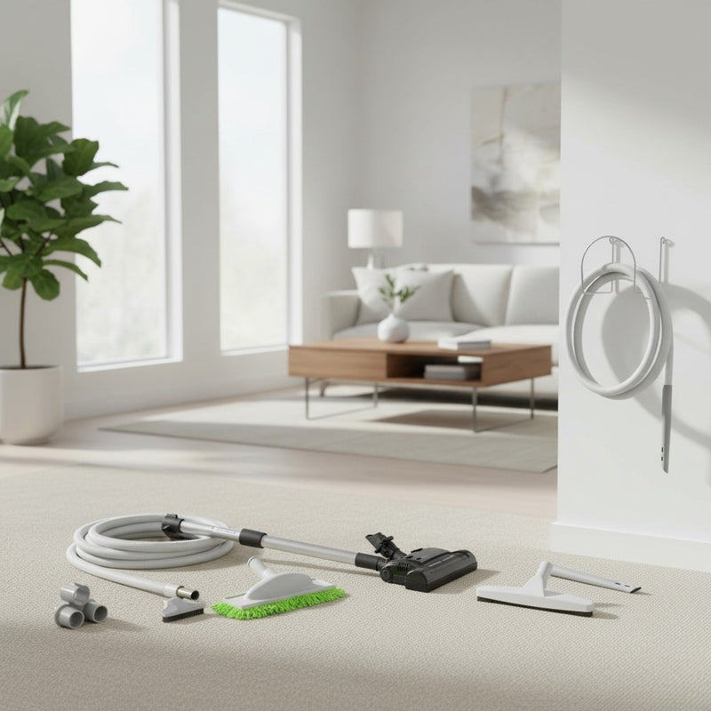 the deluxe electric central vacuum attachment kit: PN33 power nozzle, hose, floor brush, microfiber mop, upholstery tool, crevice tool, tool caddy and wall hose hanger shown in a contemporary family room with large windows and a low-pile beige carpet