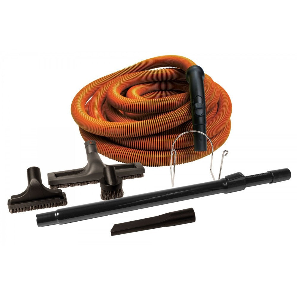 a garage central vacuum attachment kit: hose, floor brush, telescopic wand, upholstery tool, dusting brush, crevice tool and wall hose hanger