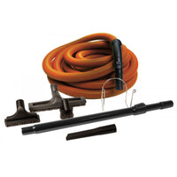 a garage central vacuum attachment kit: hose, floor brush, telescopic wand, upholstery tool, dusting brush, crevice tool and wall hose hanger