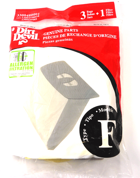 Dirt Devil 3 Pack Type F Allergen Bags with 1 Micro Filter for Canister Vacuums