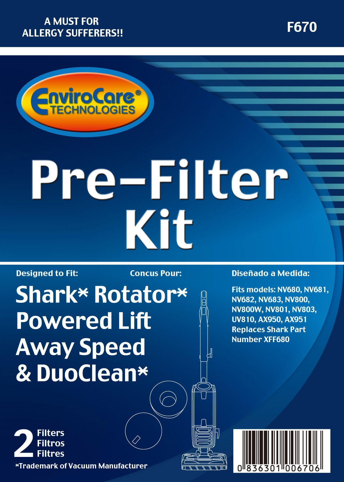 Shark Rotator Powered Lift Away Speed & Duo Clean Filter Kit, Vv680 Nv681 Nv682 Nv683 Nv800 Nv800w Nv801 Nv803 Uv810 Ax950 Ax951 (shark # Xff680)