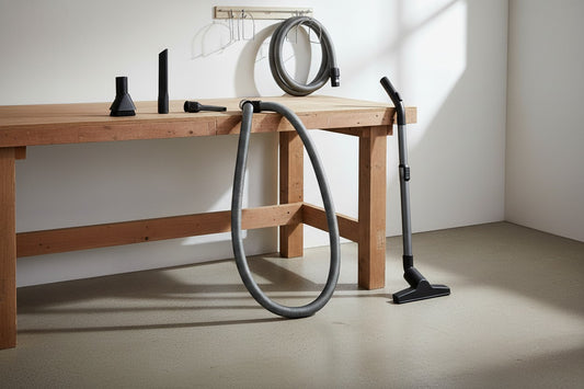 a garage central vacuum basic attachment kit: hose, upholstery brush, dusting brush, crevice tool and wall hose hanger shown in a workshop garage with concrete floors and a workbench