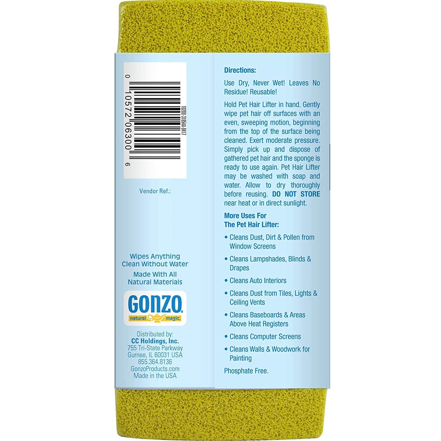 Gonzo Pet Hair Lifter Sponge to Remove Dog, Cat and Other Pet Hair from Furniture, Carpet, Bedding and Clothing 1 Sponge/pk