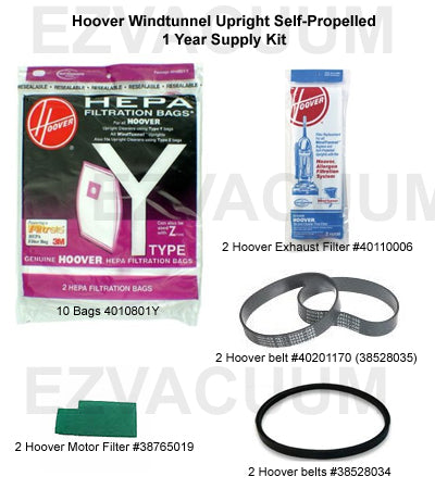 Hoover Windtunnel Upright Self-Propelled 1 Year Supply Kit - 10 Type Y Bags + 2 Filters 401100006 +2 Filters 38765019 + 2 Belts 035 + 2 Belts 034