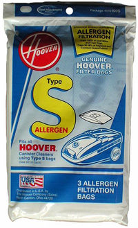 Hoover Type S Allergen Filter Bag, 4010100S, 4010155s - Genuine - 3 pack