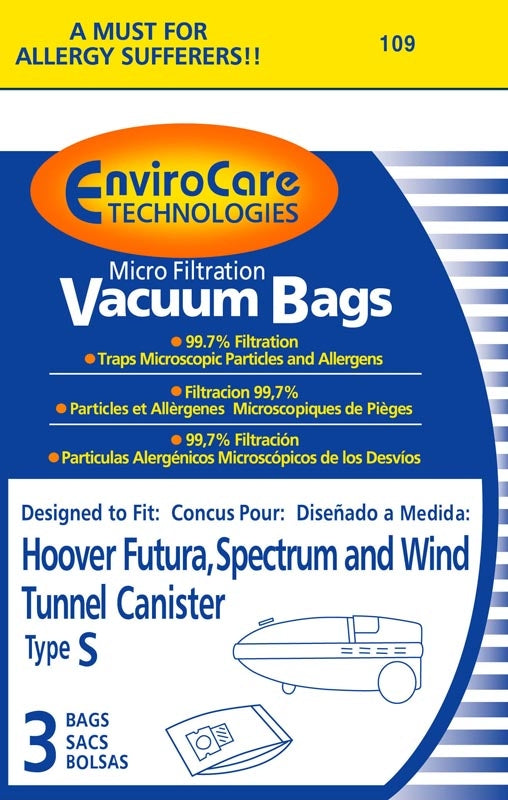 PAPER BAGS-HOOVER,S,3PK,MICROLINED,CANISTER FITS ORECK 1C SK30080,ENVIROCARE,REPL