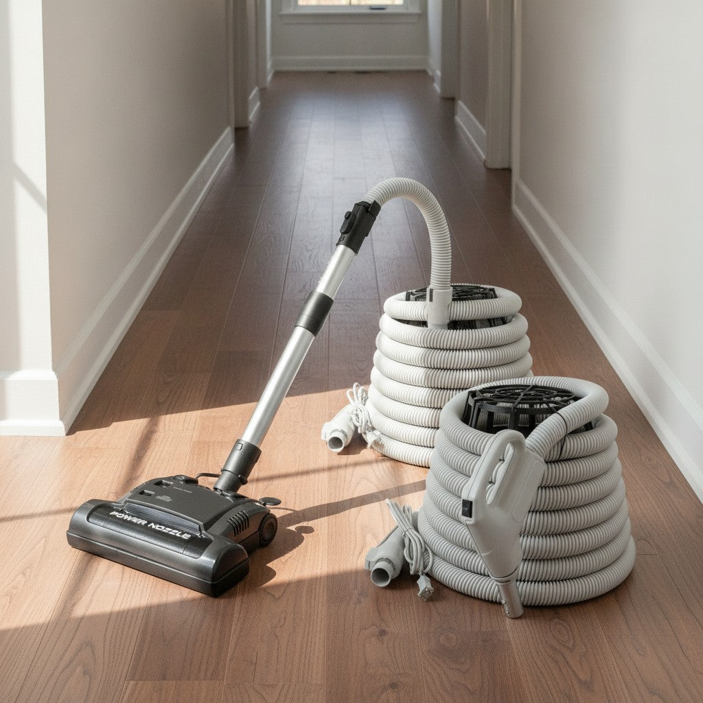 the Johnny Vac PN33 central vacuum electric power nozzle kit: PN33 power nozzle, grey dual-voltage hose, telescopic wand shown in a sunlit hallway with white walls and warm walnut hardwood flooring