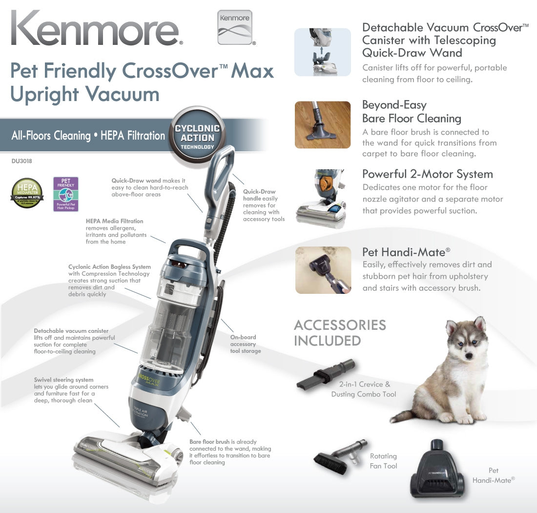 Kenmore Pet Friendly CrossOver Max Ultra Bagless Upright Vacuum Cleaner DU3018