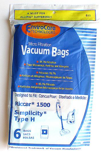 Riccar 1300, 1400, 1500, 1700  Type H  Micro-Filtration Vacuum Bags - Generic - 6 pack