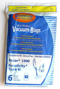 Riccar 1300, 1400, 1500, 1700  Type H  Micro-Filtration Vacuum Bags - Generic - 6 pack