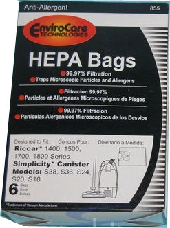 Riccar 14/15/17/18 series HEPA replacement paper bags. - 6 pack, RHH-6