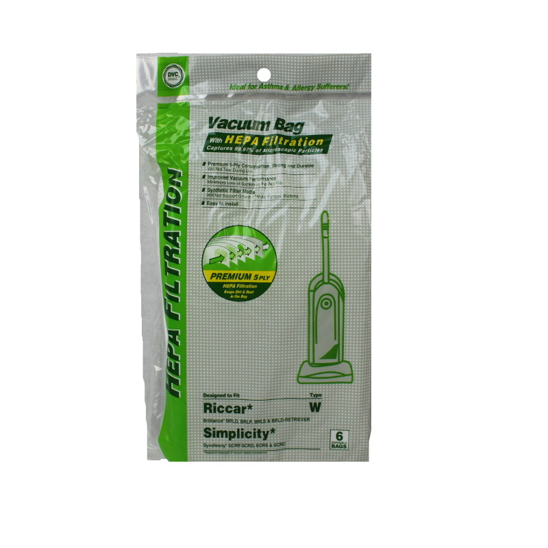 Riccar/Simplicity Replacement: RSR-14475H Paper Bag, Brilliance Synchrony Type W HEPA 6Pk