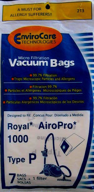 Royal AiroPro 1000 Type P Envirocare Vacuum Bags  - Generic - 7 Pack and 1 Filter