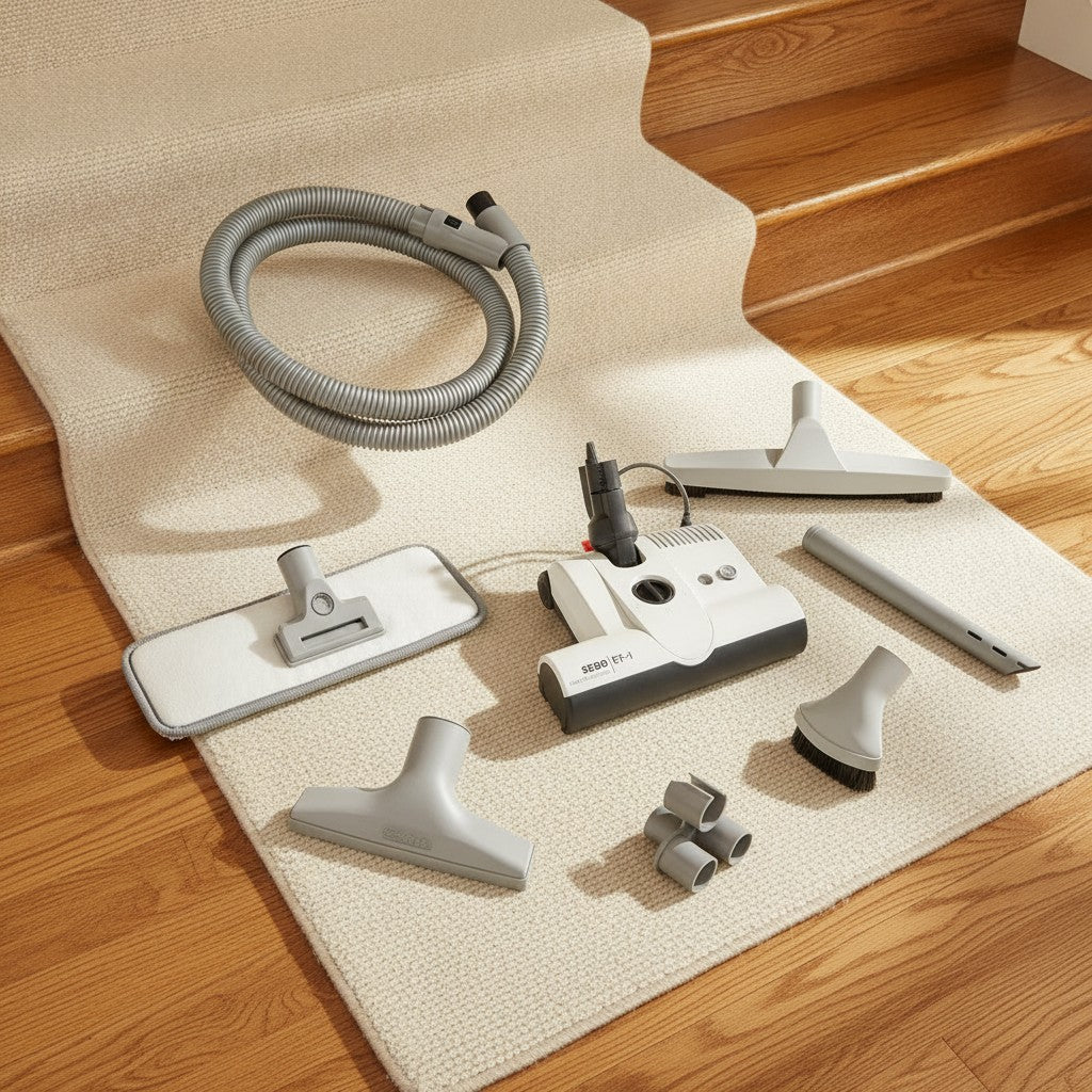 SEBO ET-1 F2 electric central vacuum attachment kit with power nozzle, hose, microfiber mop and tools shown in a sunlit staircase landing with hardwood floors and a wool runner