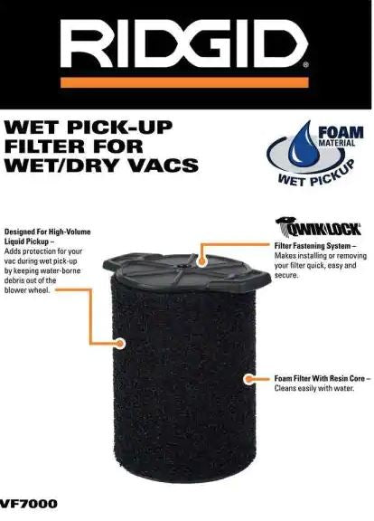 Ridgid VF7000 Genuine Replacement Foam Wet Application Only Vac Filter for Ridgid 5-20 Gallon Wet/Dry Vacuums