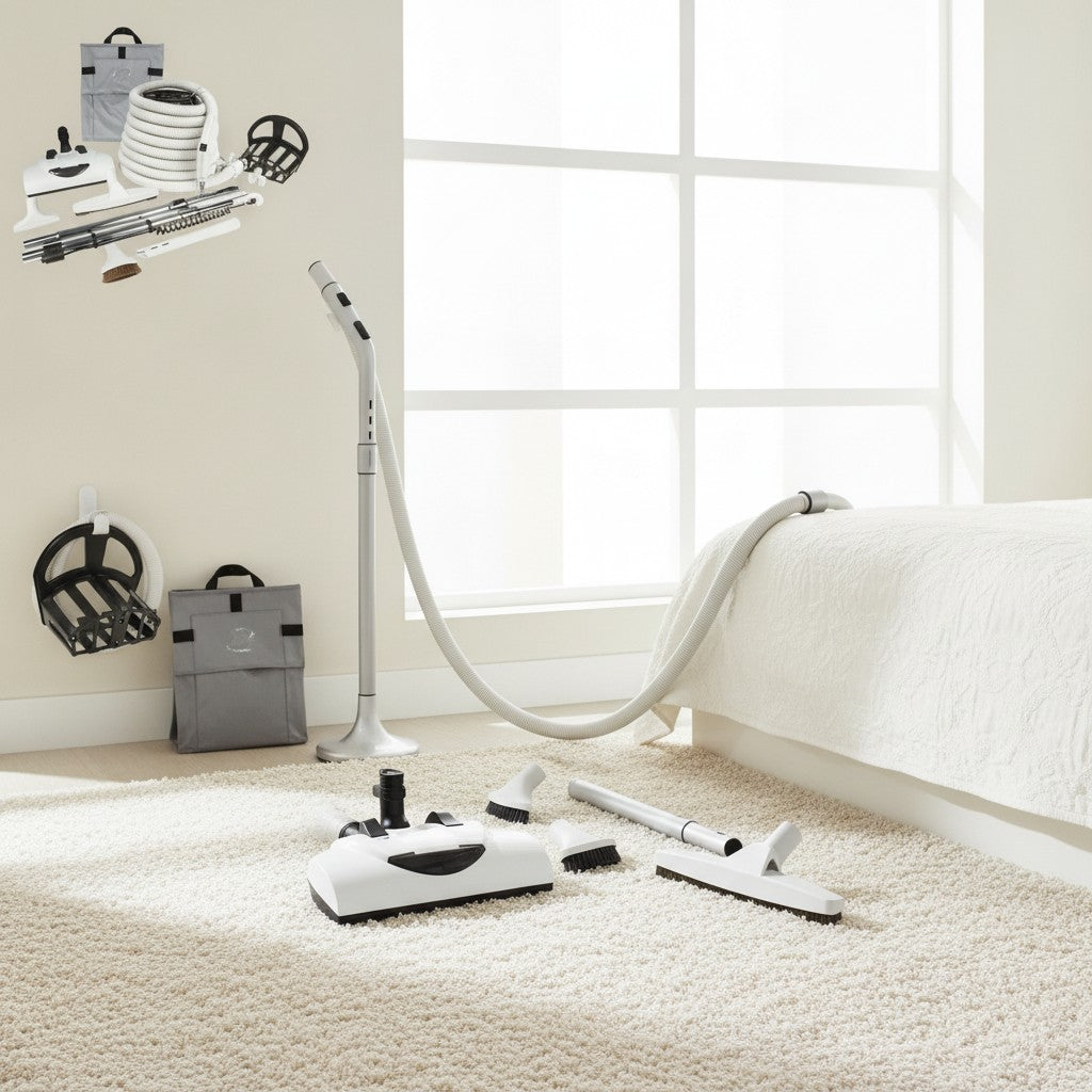 Wessel-Werk EBK360 electric central vacuum attachment kit with power nozzle, hose, microfiber mop and tools shown in a modern bedroom with plush carpet and large bright windows