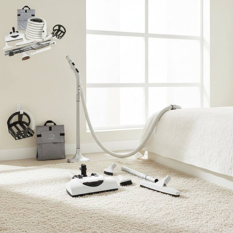 Wessel-Werk EBK360 electric central vacuum attachment kit with power nozzle, hose, microfiber mop and tools shown in a modern bedroom with plush carpet and large bright windows
