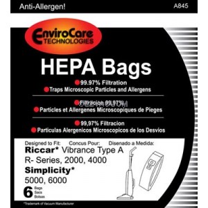 Riccar Type A Hepa Vacuum Bags for Vibrance, R, R20SC, 2000/4000 Series Uprights RAH-6