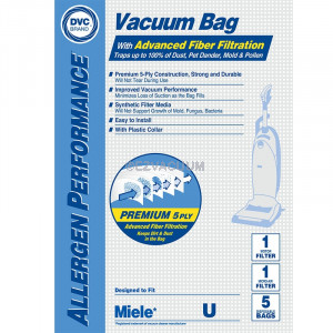 Aftermarket Miele Type U Vacuum Cleaner Anti Allergen Synthetic Cloth Bags for Miele S7 Uprights - Generic - 5 Bags + 2 Filters with Premium 5 Layer Filtration